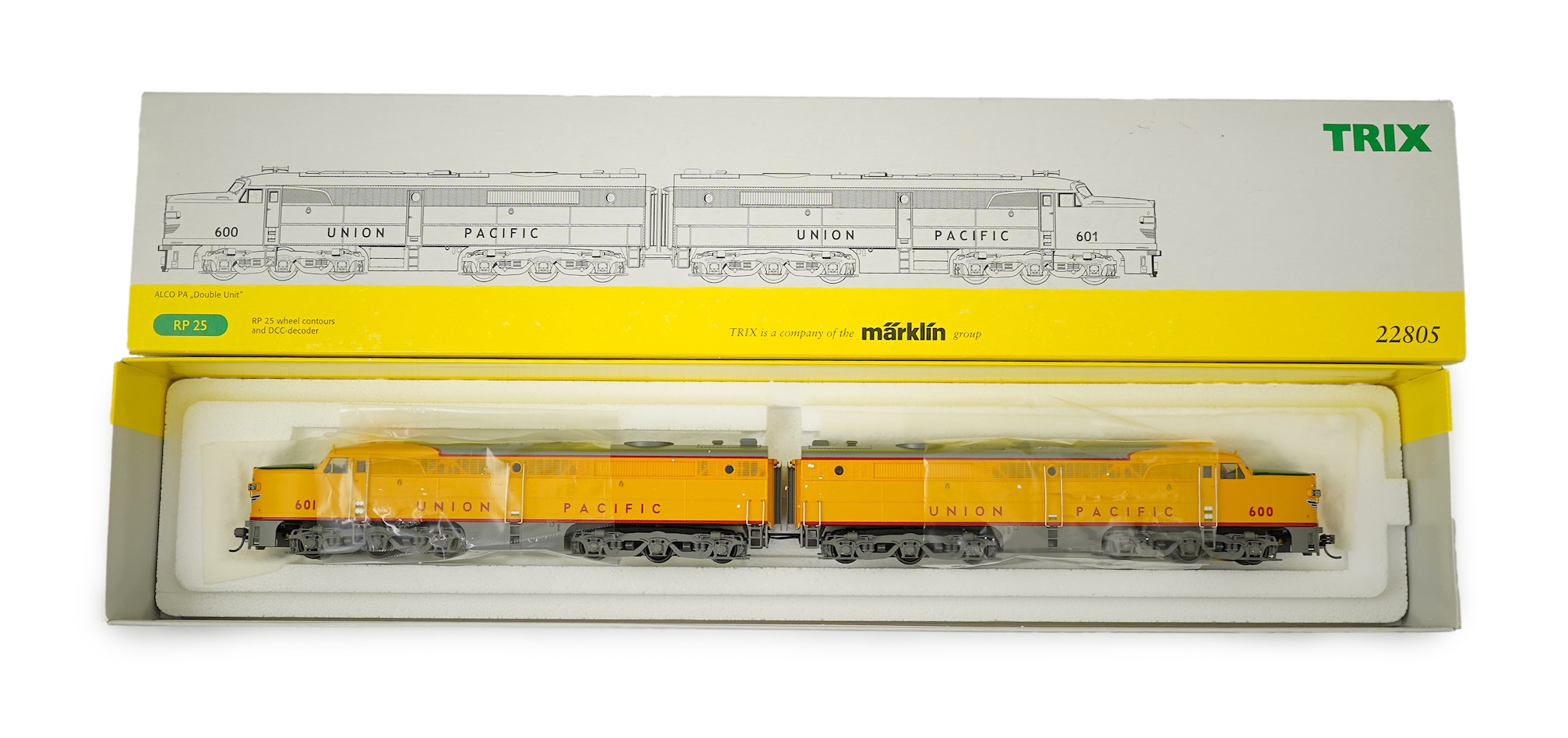 A boxed HO gauge Marklin Trix (22805) model of Union Pacific ALCO PA Double Unit, 600 and 601, Co-Co diesel locomotives, powered for two rail operation.